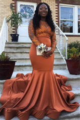 Long Satin Jewel Appliques Lace Mermaid Prom Dress with Sleeves