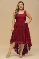 Chic Burgundy Floral Lace High Low Plus Size Formal Dress