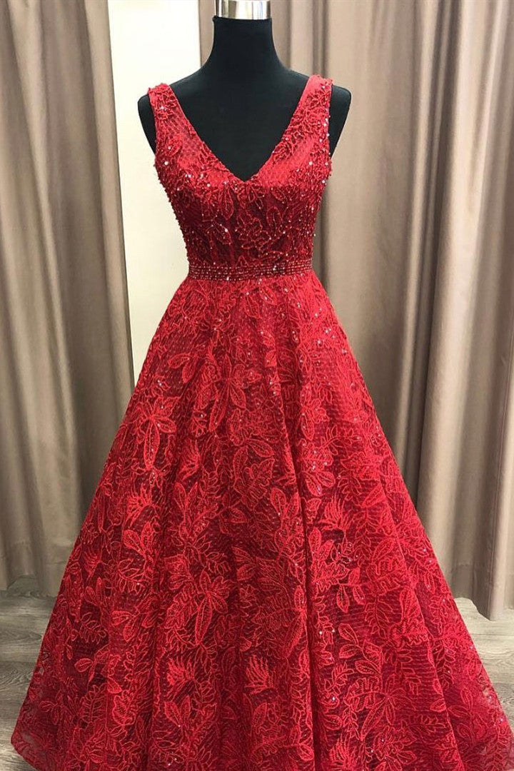 Long V-neck Lace A-line Lace Burgundy Formal Prom Dress
