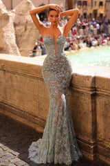 Sexy Sweetheart Tulle Appliques Lace Mermaid Long Prom Dress with Beads