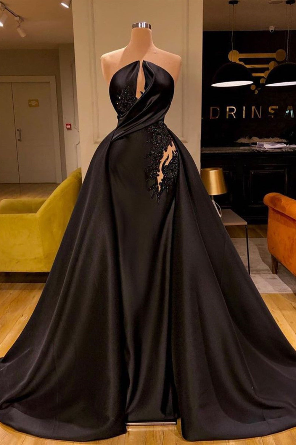 Charming Black Long Mermaid Satin Prom Dress with Sweep Train