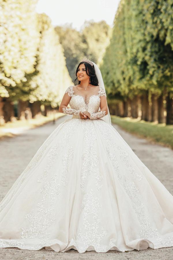 Plus Size Long Sweetheart Ball Gown Satin Lace Appliques Open Back Wedding Dress with Sleeves