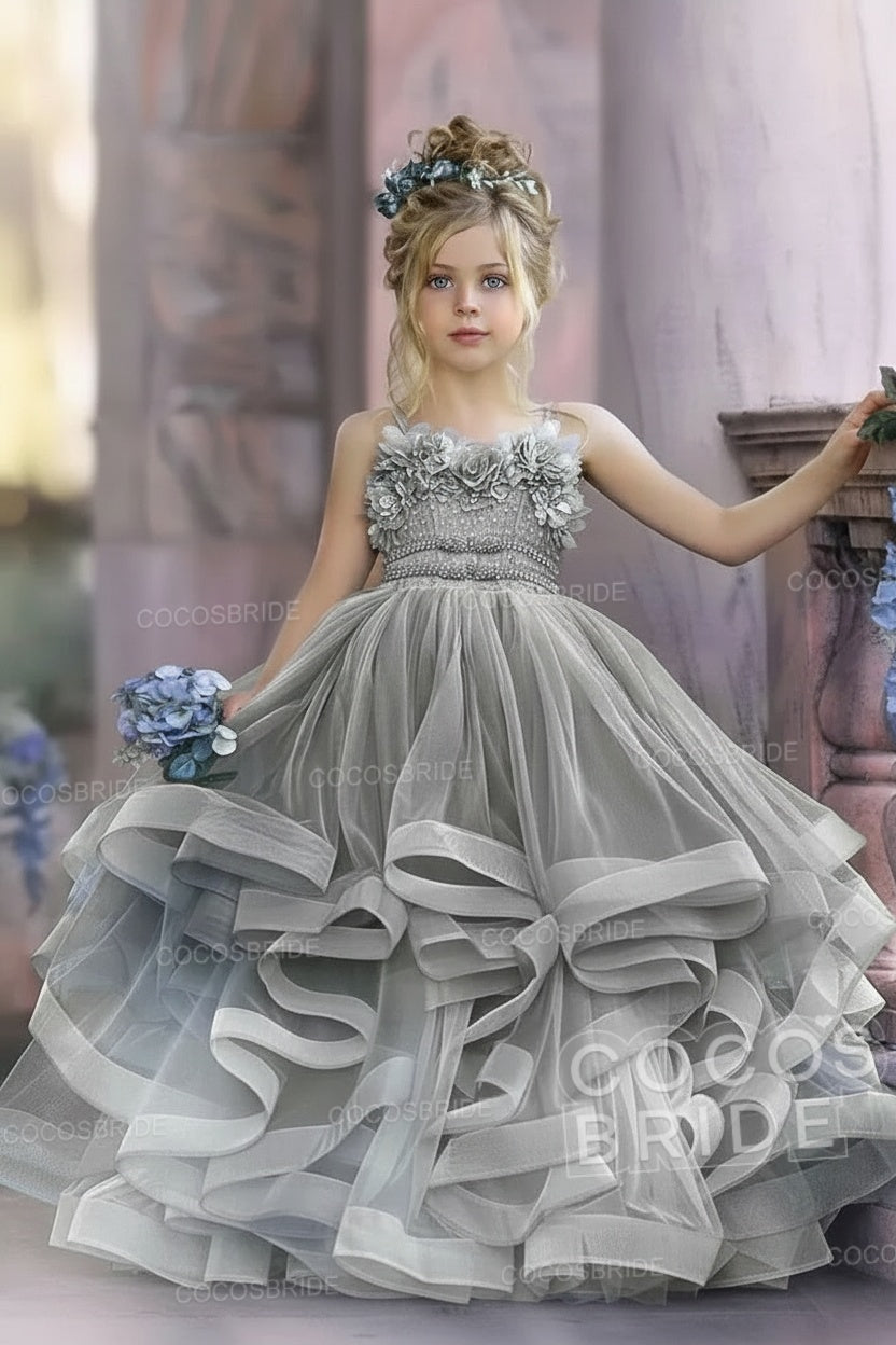 Cute Dusty Blue Long Spaghetti Straps Strapless Tulle Princess Flower Girl Dresses