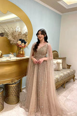 A-line V-Neck Long Sleeve Sequined Tulle Formal Evening Dresses