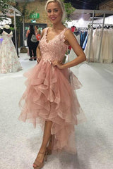 Elegant A-line V-neck Backless Appliques Lace Tulle High Low Prom Dress