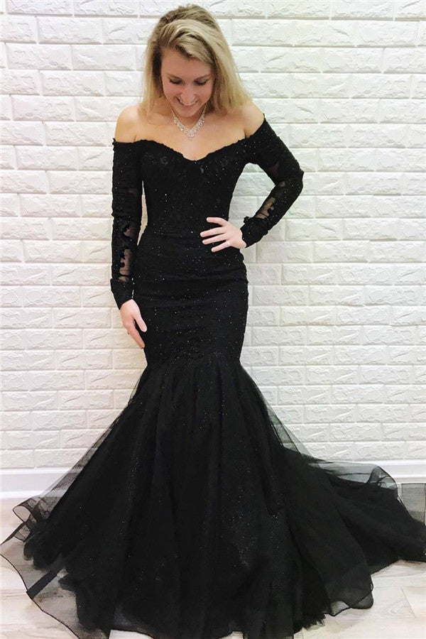 Long Black Off the Shoulder Appliques Mermaid Prom Dress with Sleeves