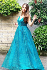 Long A-line V-neck Sequins Open Back Tulle Prom Dress