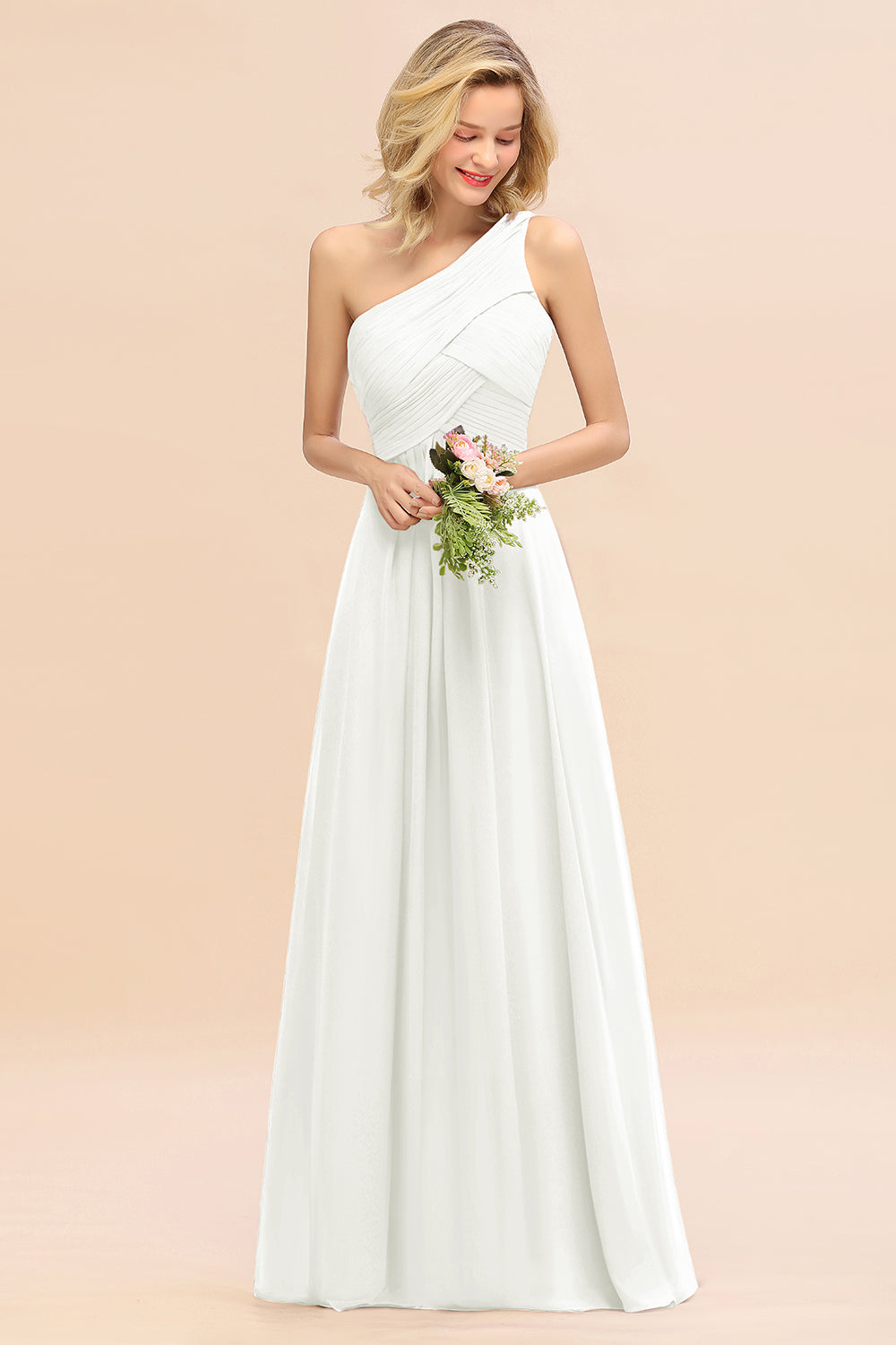 Elegant Ivory A-line Chiffon Ruffles One Shoulder Long Bridesmaid Dress