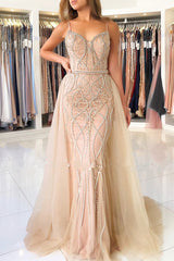 Long Spaghetti Straps Sweetheart Beading Mermaid Prom Dress With Tulle Train