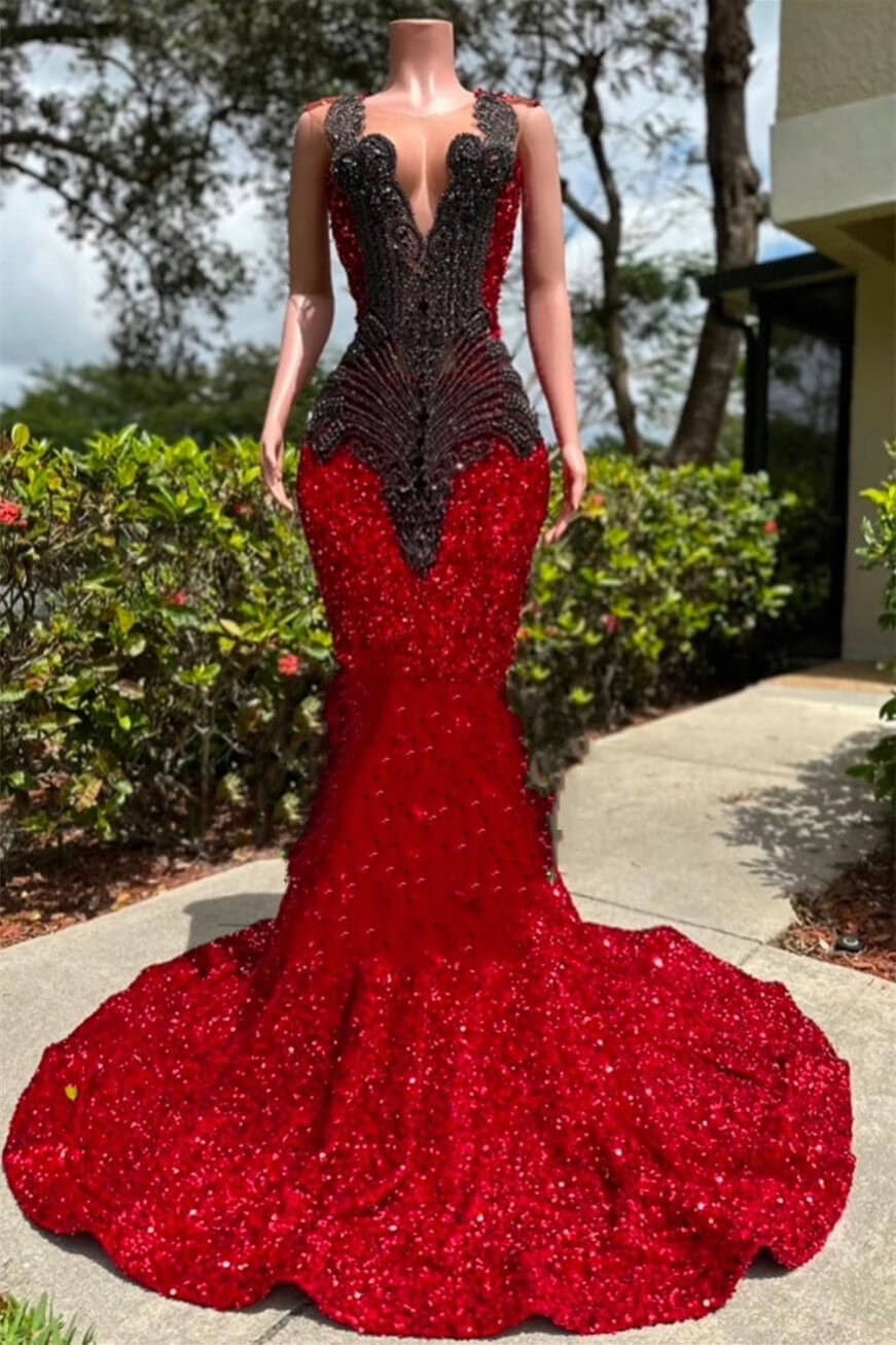 Sparkle Long Appliques Beaded V-Neck Mermaid Sequin Prom Dress