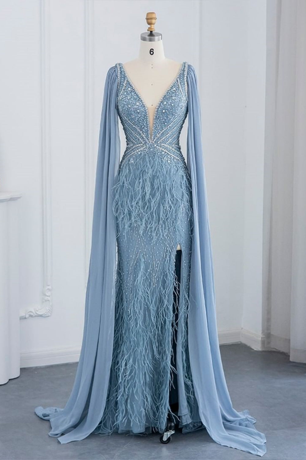 Long Mermaid V-Neck Fur Beadings Front Slit Formal Evening Dresses with Cape Sleeves