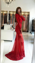 Long Sleeves Lace Mermaid Floor Length Red Prom Dress