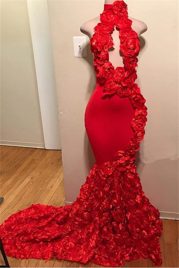 Long Halter Flower Mermaid Red Prom Dress