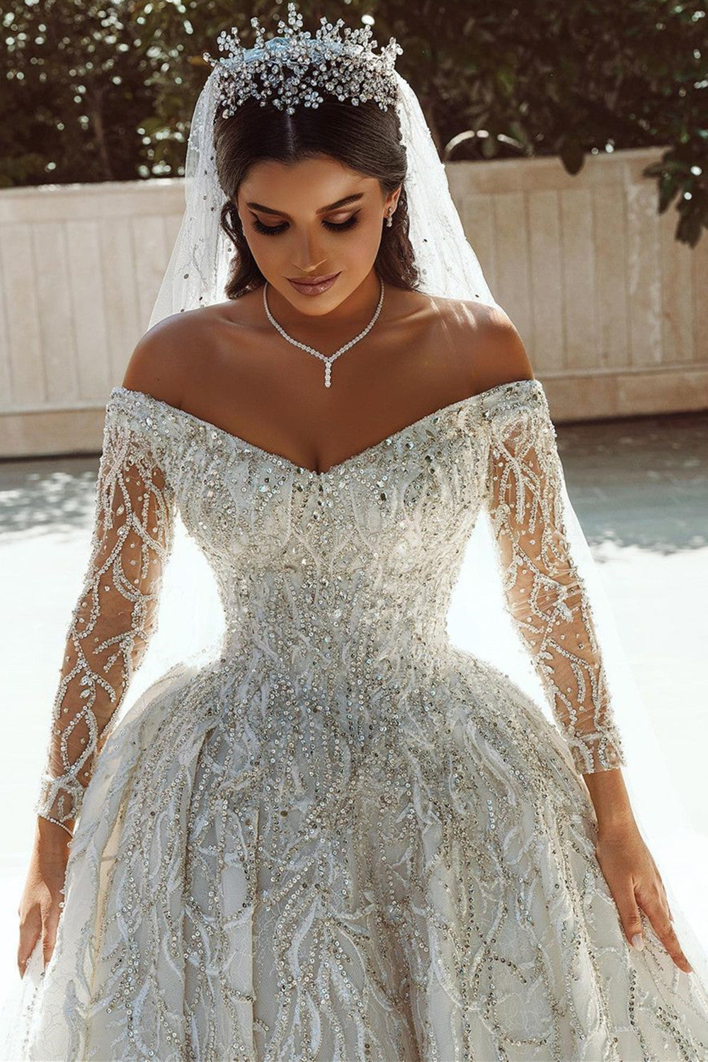 Luxurious Sequins Long Tulle Off the Shoulder Satin Ball Gown Wedding Dress with Sleeves
