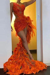 High Low Orange Mermaid One Shoulder Tulle Backless Prom Dress