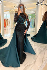 Long Sleeves Mermaid Satin High Neck Sequins Evening Dresses with Sweep Train