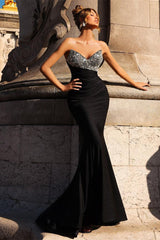 Mermaid Satin Long V-Neck Sweetheart Black Prom Dress with Beads