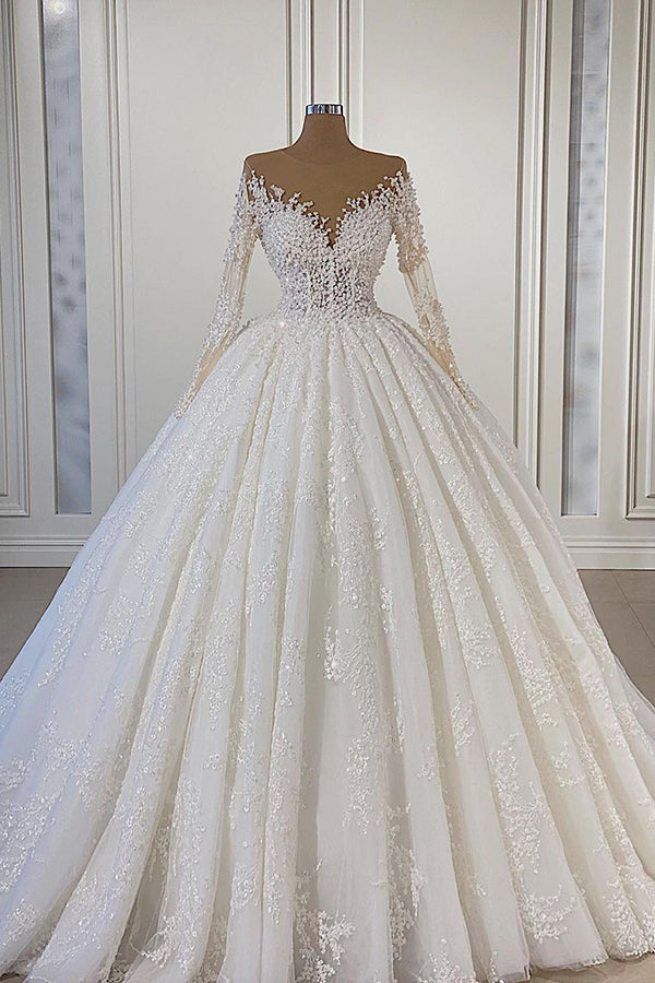 Gorgeous Lace Long Beads Ball Gown Tulle Wedding Dress	 with Long Sleeves
