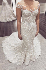 Elegant Long Off the Shoulder Appliques Lace Backless Floor Length Mermaid Wedding Dresses