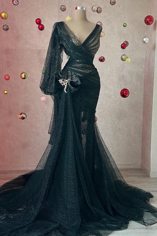 Long Mermaid V-neck Tulle Appliques Beading Prom Dresses with Sleeves