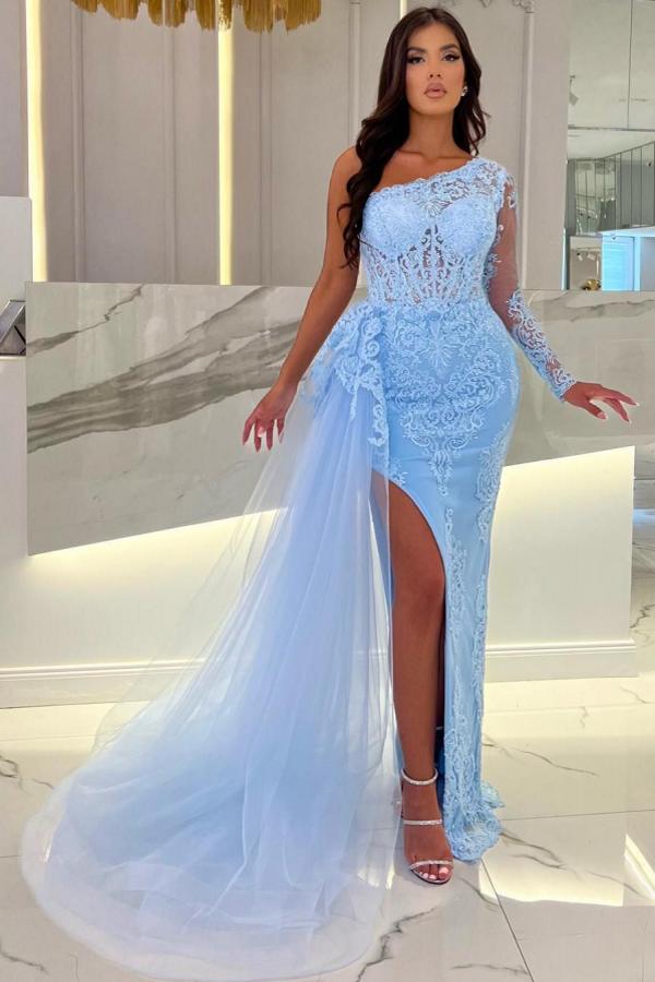 Sexy One Shoulder Tulle Lace High Split Long Prom Dress with Appliques
