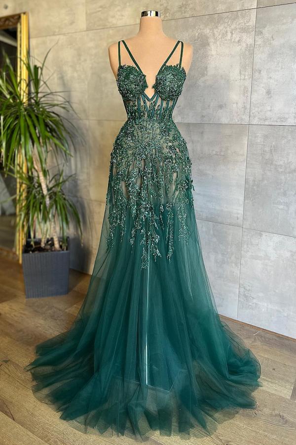 Sexy Long A-line V-neck Tulle Prom Dress with Appliques Lace