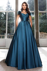 Long Off The Shoulder A-Line Satin Floor Length Prom Dress with Pockets