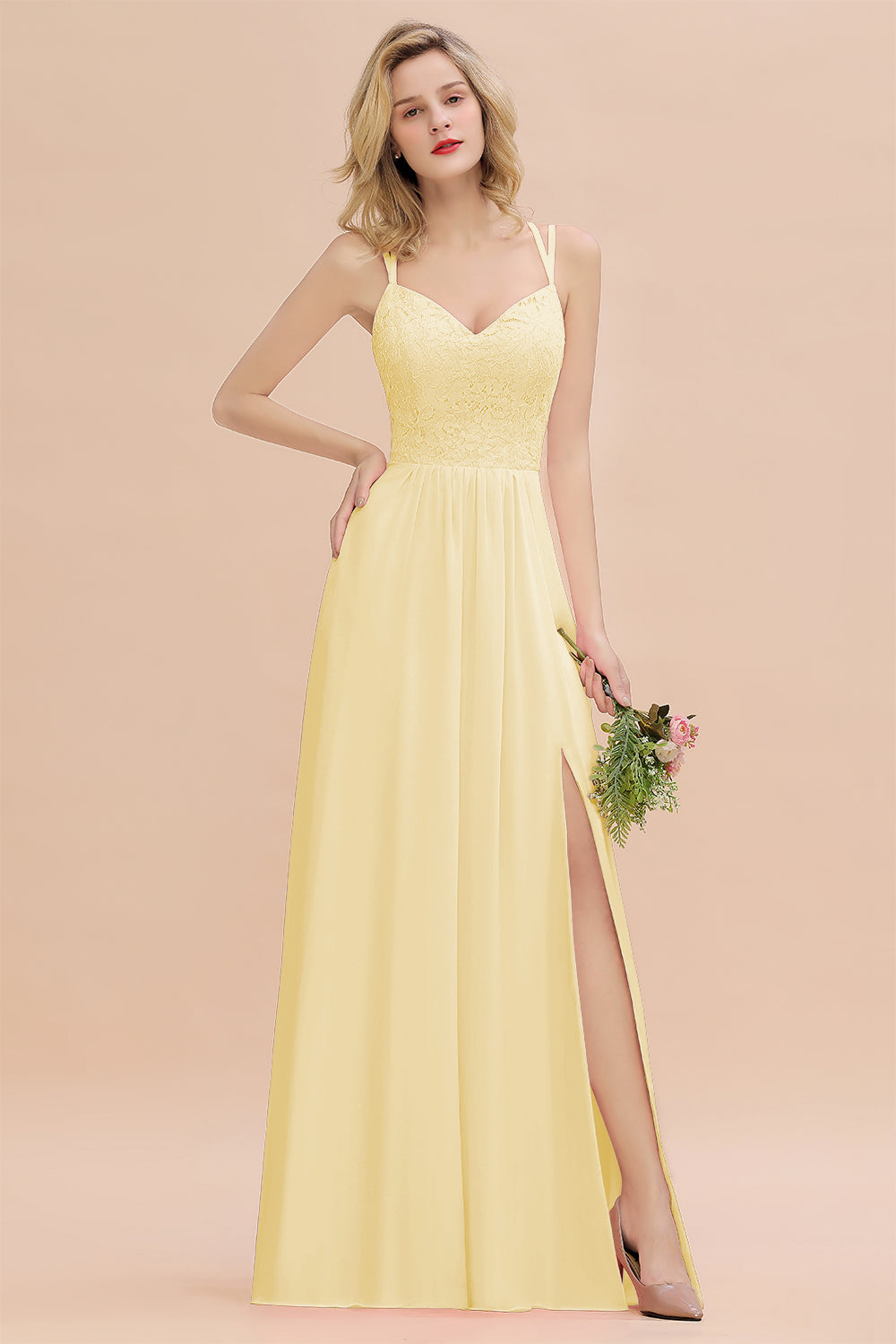 Beautiful A-Line Chiffon Spaghetti Straps Sweetheart Floor Length Split Bridesmaid Dress