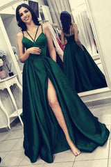 Long A-line V-neck Spaghetti Straps Backless Ruffles Prom Dress With Slit