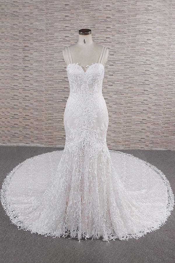 Chic Long Spaghetti Strap Appliques Lace Mermaid Wedding Dress
