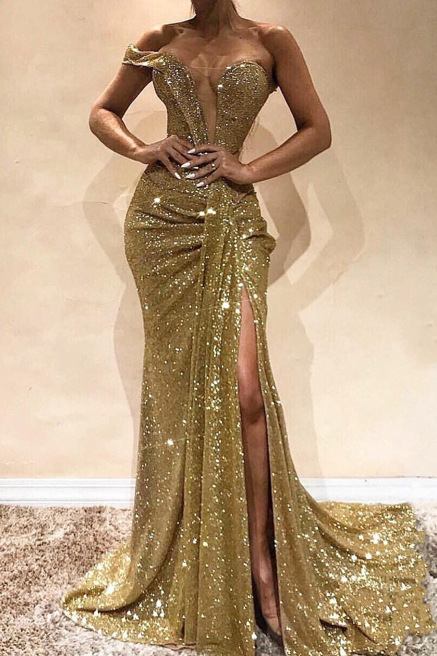 Sparkly Long Off the Shoulder Sequins Mermaid Prom Dress With Slit