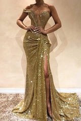 Sparkly Long Off the Shoulder Sequins Mermaid Prom Dress With Slit