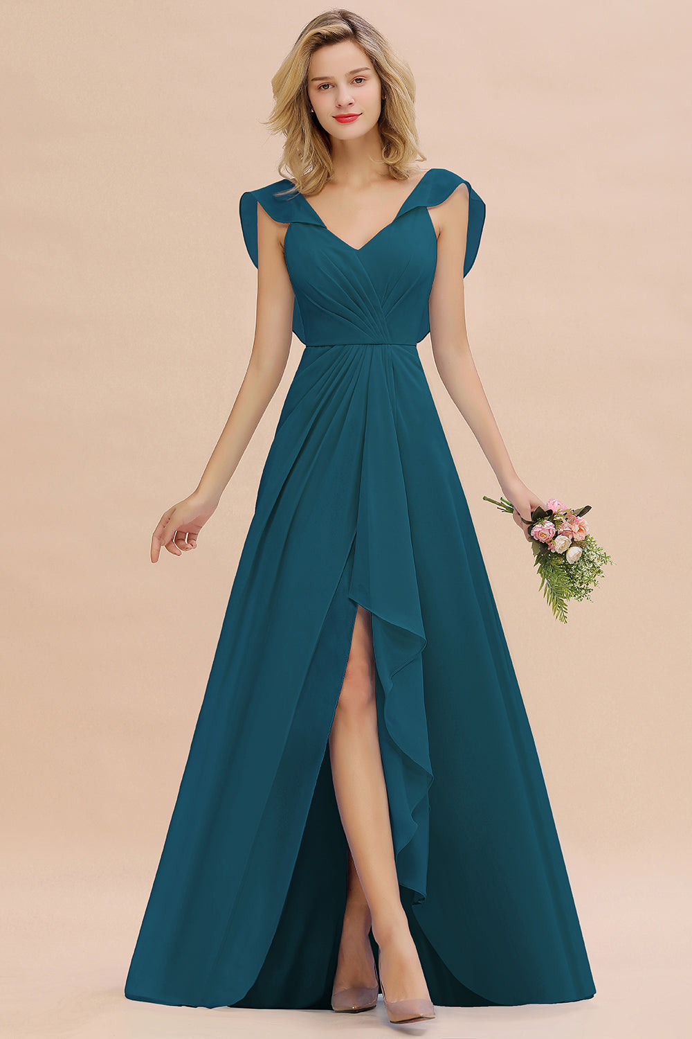 Simple High Low A-line V-Neck Ruffles Chiffon Ink Blue Bridesmaid Dress