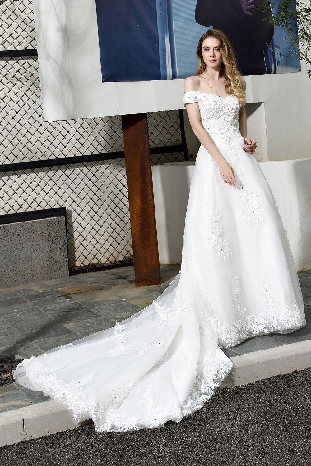 Elegant Long A-line Off the Shoulder Tulle Lace White Wedding Dresses