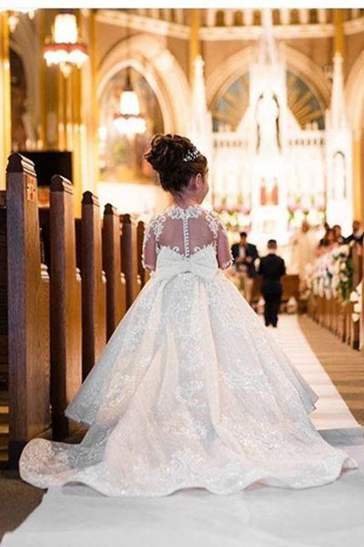White Ball Gown Tulle Lace Flower Girl Dress With Long Sleeves