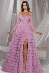 Long Sleeve A-line Floor Length Off the Shoulder Prom Dress with Slit