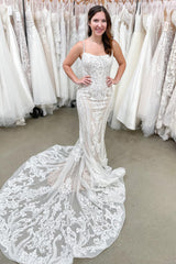Beautiful Long Spaghetti Straps Backless Appliques Lace Floor Length Mermaid Wedding Dress