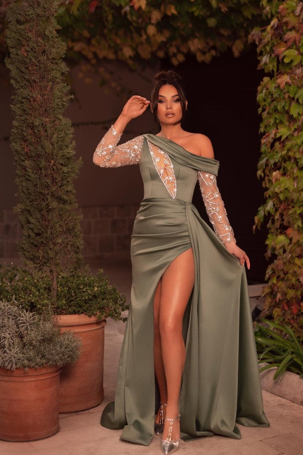 Long Mermaid One Shoulder Satin Lace Front Slit Formal Prom Dresses with Slit