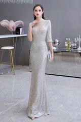 Gorgeous Silver Mermaid Long Formal Dresses with Sleeves