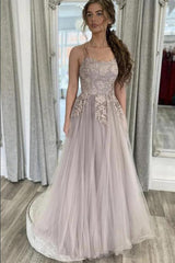 Elegant Long A-line Tulle Lace Open Back Prom Dress
