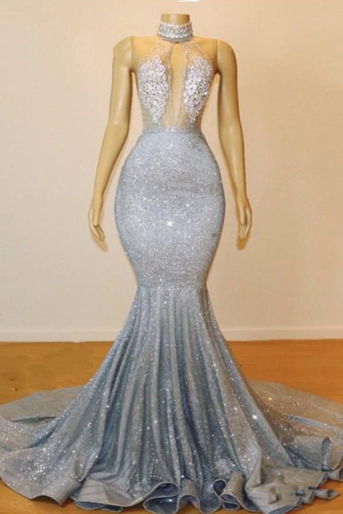 Long Mermaid SequinsBeaded Backless Prom Dress