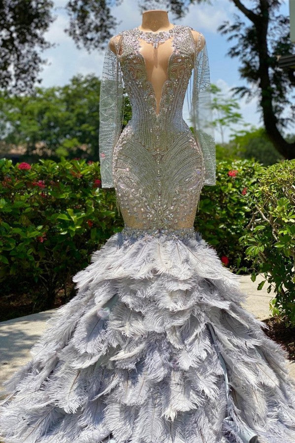 Long Mermaid V-neck Sequined Beading Feather Tulle Prom Dress with Sleeves
