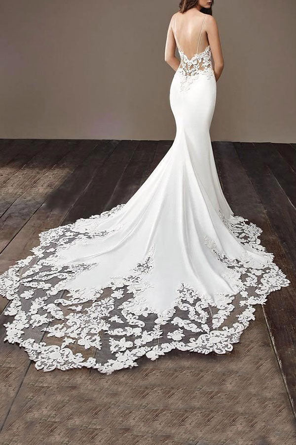 Long Mermaid Spaghetti Strap Sweetheart Lace Backless Wedding Dresses