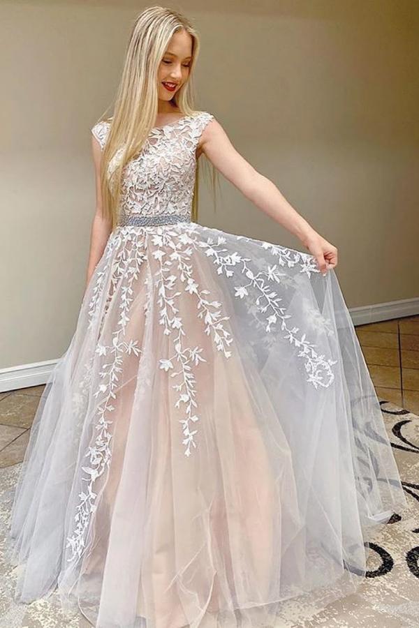 Long A-line Appliques Lace Tulle Backless Floor Length Prom Dress