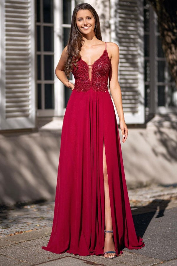 Long A-line V-neck Spaghetti Straps Backless Beading Chiffon Prom Dress With Split