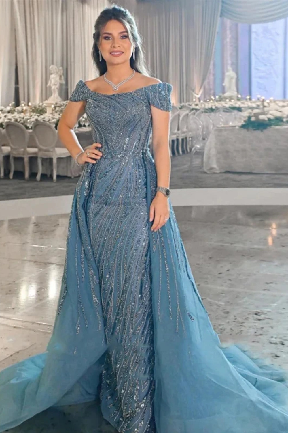 Off The Shoulder Mermaid Long Formal Evening Dress with Beadings