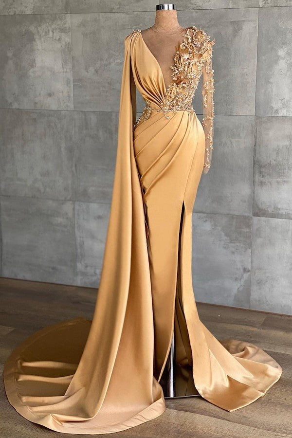 Elegant Mermaid Long Sleeves V-neck Side Slit Formal Evening Dress with Shawl