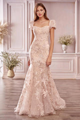 Long Mermaid Sweetheart Backless Appliques Lace Prom Dress with Short Sleeve