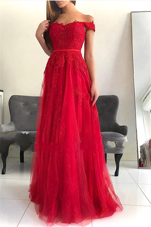 Long Off the Shoulder Tulle Lace A-line Prom Dress
