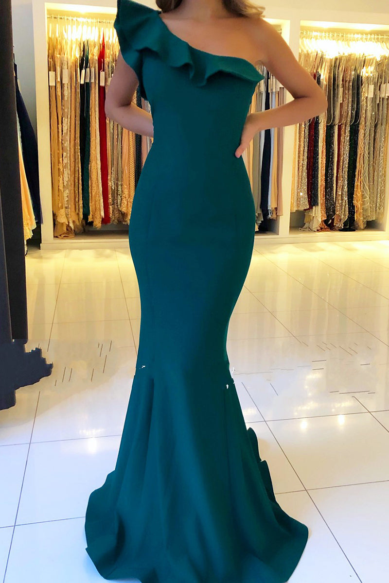 Long One Shoulder Floor Length Backless Mermaid Prom Dress With Ruffles